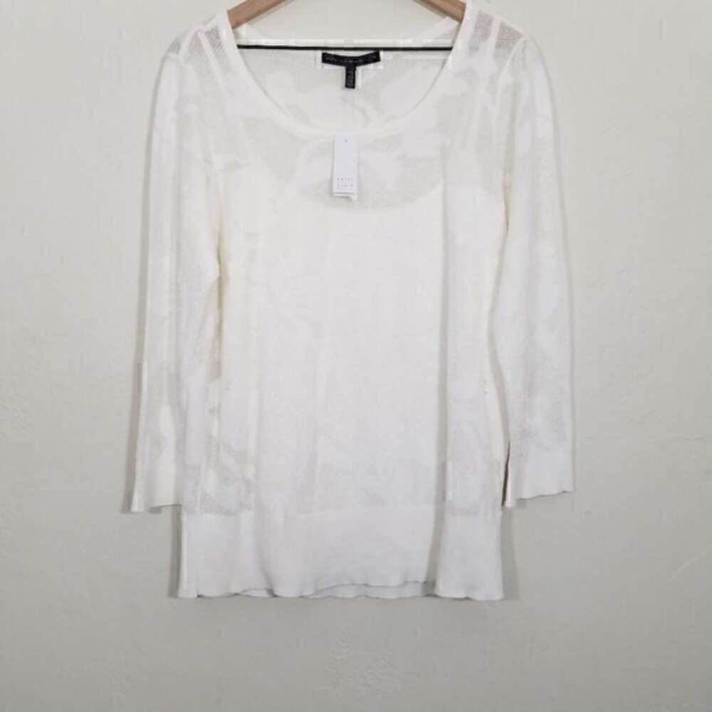 NWT White House Black Market Sheer Floral Sweater Top Blouse White Size XL